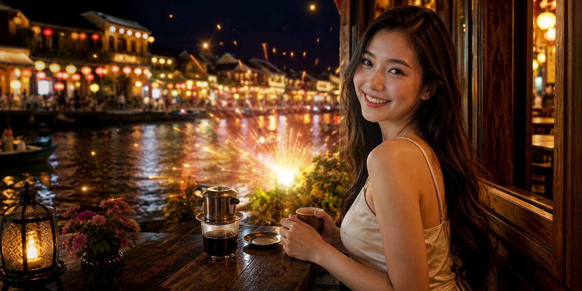 Người dùng Hội An thưởng thức cà phê và xem kết quả cược trên ứng dụng 3asky buổi sáng